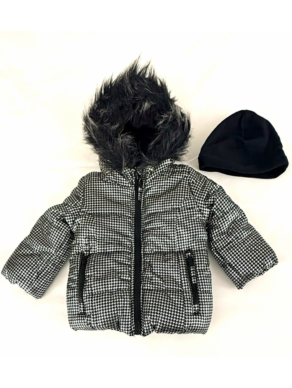 London Fog Baby Girl Houndstooth Jacket Faux Fur Hood Hat Set 18M NWT